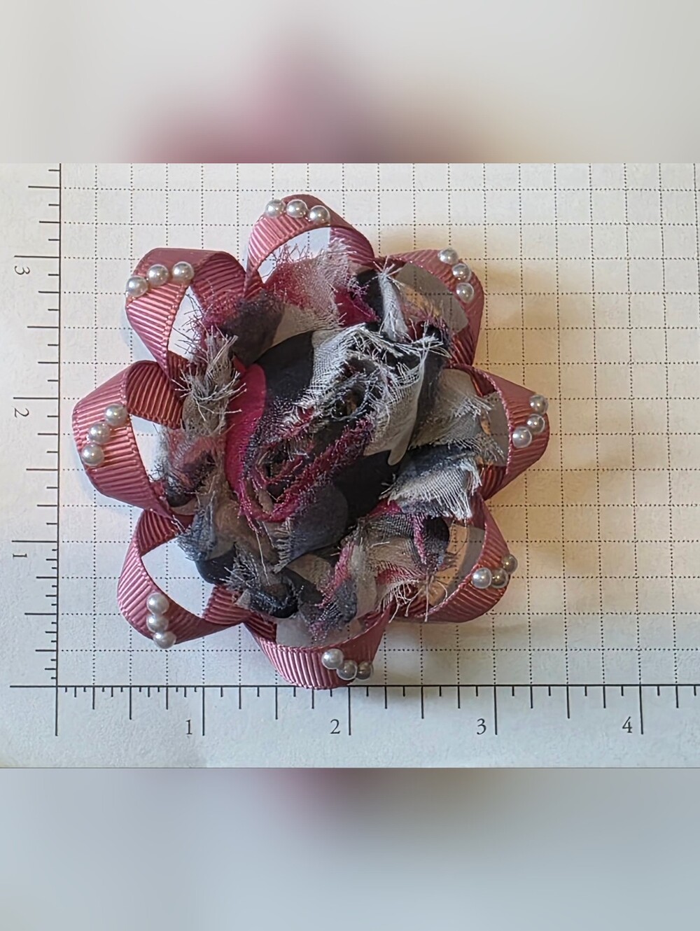 Fabric Flower Brooch in Mauve, Gray, Black with Pearl Accents